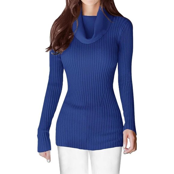 Sweaters - Women’s Cowl Neck Dark Blue Stretchable Knit Long Sleeve Bodycon Sexy Sweater